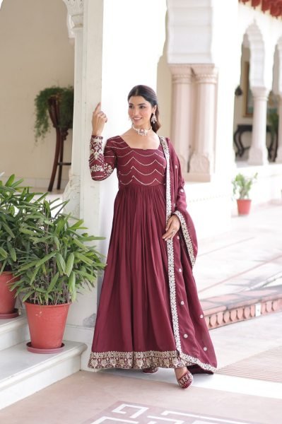 Magnificent Red Vichitra Silk Gown with Heavy Sequins Work   Square Neck Design at Manufacturer Rate Anarkali Kurtis 