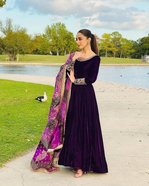 Magnificent Velvet Embroidered Long Gown With Sequins Work   Designer Dupatta Perfect for Winter Party Wear  Kurti With Dupatta Wholesale