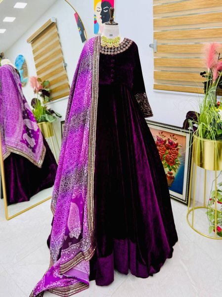 Magnificent Velvet Embroidered Long Gown With Sequins Work   Designer Dupatta Perfect for Winter Party Wear  Kurti With Dupatta Wholesale