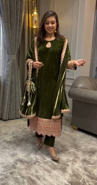 Chic Classic Mahendi Green Viscose Velvet Embroidery Work Salwar Suit for Bulk Buyers Ready To Wear Collection