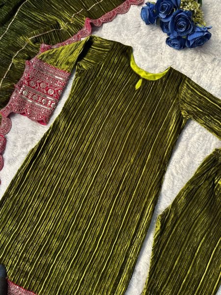 Chic Classic Mahendi Green Viscose Velvet Embroidery Work Salwar Suit for Bulk Buyers Ready To Wear Collection