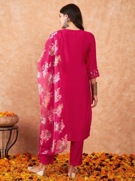 Majestic  Chanderi Suit Set with Embroidery   Printed Dupatta 3 Piece Kurti Set