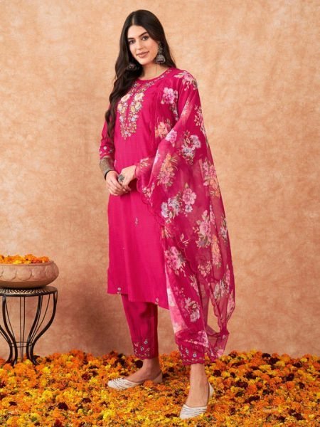 Majestic  Chanderi Suit Set with Embroidery   Printed Dupatta 3 Piece Kurti Set