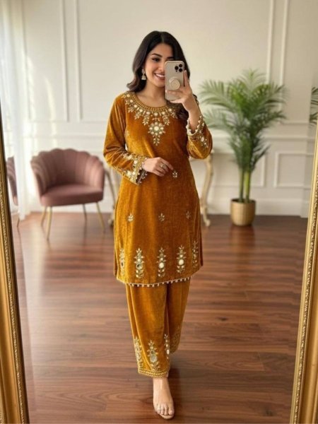 Majestic Mustard Yellow Velvet Top Bottom with Embroidery Work at Wholesale Rate Kurtis
