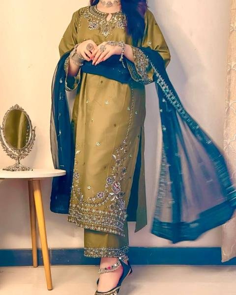 Majestic Olive Green Roman Silk Pakistani Suit with Heavy Embroidery Work at exclusive rates Ready To Wear Collection