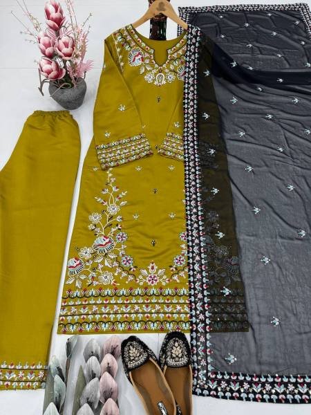 Majestic Olive Green Roman Silk Pakistani Suit with Heavy Embroidery Work at exclusive rates Ready To Wear Collection