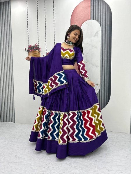 Majestic Purple Pure Cotton Lehenga Choli with 6 Meter Flair Perfect for Garba Nights Navratri Lehnega Choli