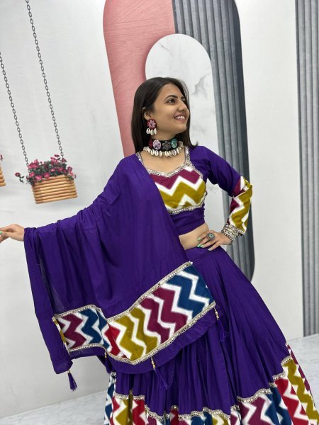 Majestic Purple Pure Cotton Lehenga Choli with 6 Meter Flair Perfect for Garba Nights Navratri Lehnega Choli
