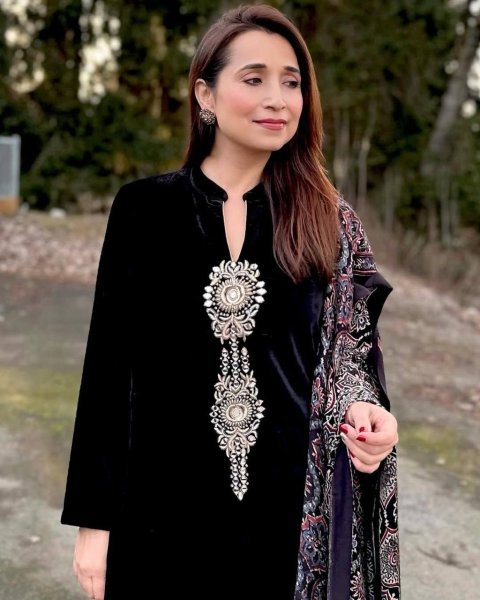 Majestic Rich Velvet Sequins Embroidered Kurti Pant Set with Ajrakh Printed Chinon Dupatta for casual wear   Straight Cut Long Kurtis