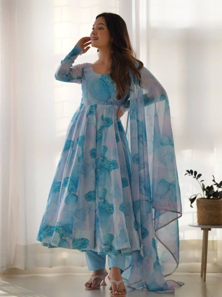 Marble Print Organza Anarkali Set with Gota Dupatta Soft & Flowing Festive Look 