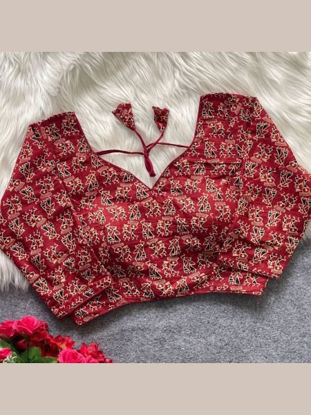 Maroon Ajrakh Blouse with Warli Charm V Neck Elegance in Cotton Galaxy Blouse Collection