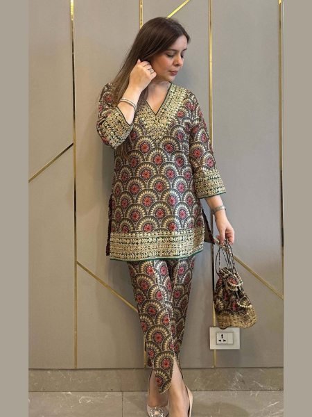 Maroon Ajrakh Mul Cotton Embroidered Co-ord Set for Party Look Kurti With Bottom Wholesale