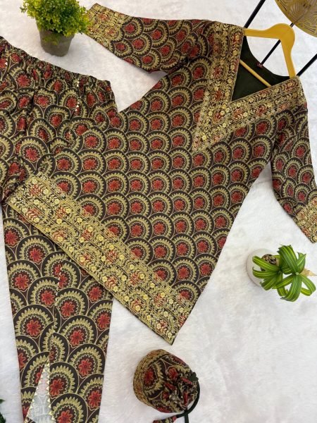 Maroon Ajrakh Mul Cotton Embroidered Co-ord Set for Party Look Kurti With Bottom Wholesale