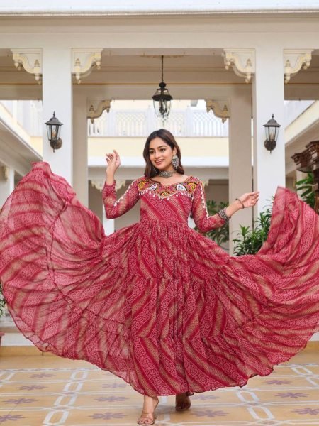 Maroon Bandhani Georgette Gown Mirror Work Elegance for Navratri Nights 