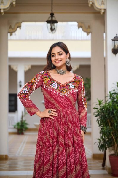 Maroon Bandhani Georgette Gown Mirror Work Elegance for Navratri Nights Navratri Collection