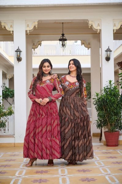 Maroon Bandhani Georgette Gown Mirror Work Elegance for Navratri Nights Navratri Collection