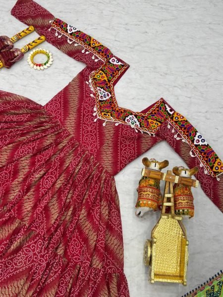 Maroon Bandhani Georgette Gown Mirror Work Elegance for Navratri Nights Navratri Collection