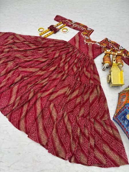 Maroon Bandhani Georgette Gown Mirror Work Elegance for Navratri Nights Navratri Collection