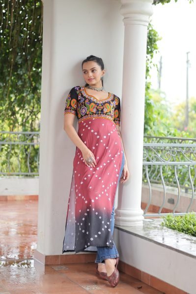 Maroon Black Gamthi Rayon Kurti With Embroidery Traditional Style For Women Navratri Collection