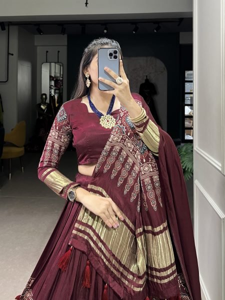 Maroon Color Dot And Ikkat Print With Foil Work Gagi Silk Lehenga Choli Set Navratri Lehnega Choli