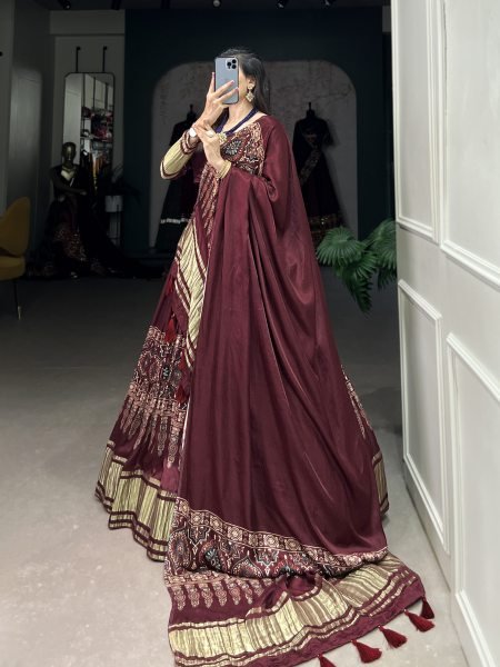 Maroon Color Dot And Ikkat Print With Foil Work Gagi Silk Lehenga Choli Set Navratri Lehnega Choli