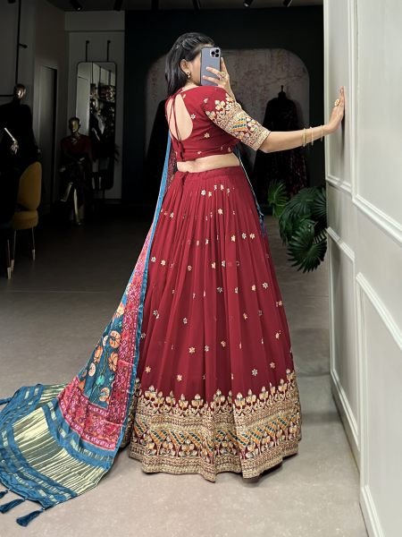 Maroon Color Sequins And Thread Embroidery Work Georgette Lehenga Choli Designer Lehenga Choli