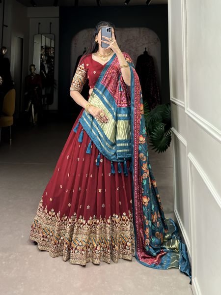 Maroon Color Sequins And Thread Embroidery Work Georgette Lehenga Choli Designer Lehenga Choli