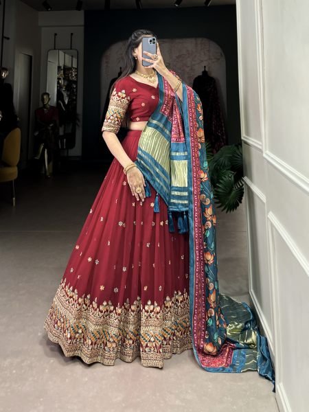 Maroon Color Sequins And Thread Embroidery Work Georgette Lehenga Choli Designer Lehenga Choli