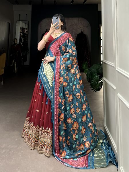 Maroon Color Sequins And Thread Embroidery Work Georgette Lehenga Choli Designer Lehenga Choli