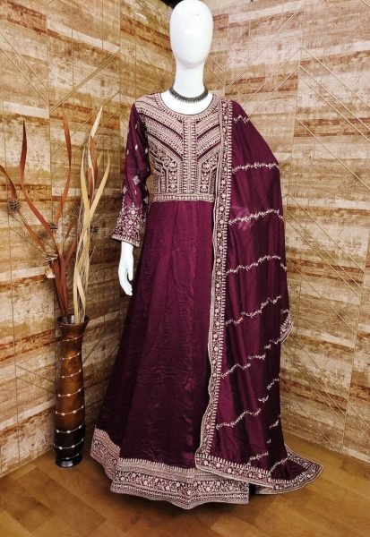  Maroon Empress Heavy Cording Silk Anarkali Gown for Royal Wedding Look Anarakali Gown Wholesale