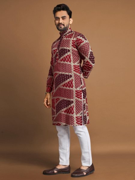 Maroon Fashion Multicolor Cotton Kurta Pajama Set for Festive Wear Kurta Pajama Wholesale