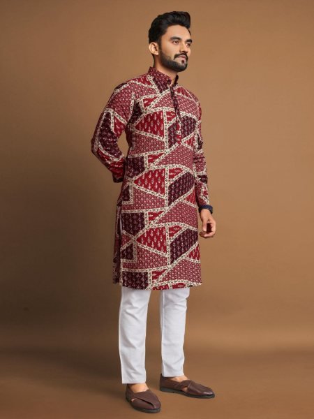 Maroon Fashion Multicolor Cotton Kurta Pajama Set for Festive Wear Kurta Pajama Wholesale