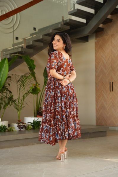 Maroon Faux Georgette Fully Flared Printed Gown Stylish Summer Frock Dress for Party Wear Fancy Look  Georgette Kurti 