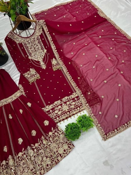Maroon Faux Georgette Sharara Suit with Heavy Sequin and Rivet Moti Embroidery for Bridal Wear Ready To Wear Collection