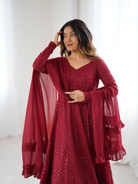 Maroon Fox Georgette Heavy Lucknowi Anarkali Gown with Dupatta Festival Wholesale Deals 