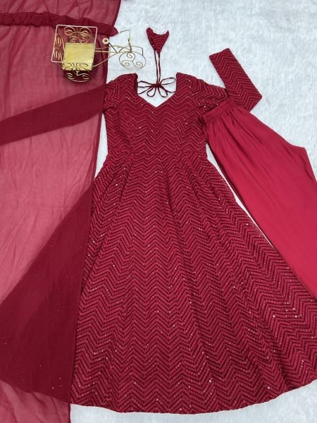 Maroon Fox Georgette Heavy Lucknowi Anarkali Gown with Dupatta Festival Wholesale Deals Diwali Collection