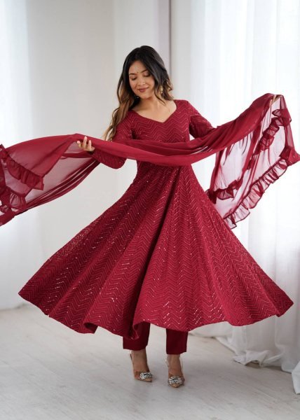 Maroon Fox Georgette Heavy Lucknowi Anarkali Gown with Dupatta Festival Wholesale Deals Diwali Collection