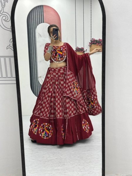 Maroon Gamathi Work Lehenga Choli Set Pure Cotton Grace for Dandiya Nights Navratri Lehnega Choli