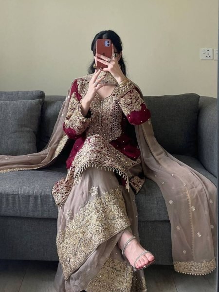 Maroon Georgette Palazzo Set with Heavy Embroidery Perfect for Sangeet & Weddings 