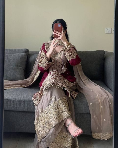 Maroon Georgette Palazzo Set with Heavy Embroidery Perfect for Sangeet & Weddings Ready To Wear Collection