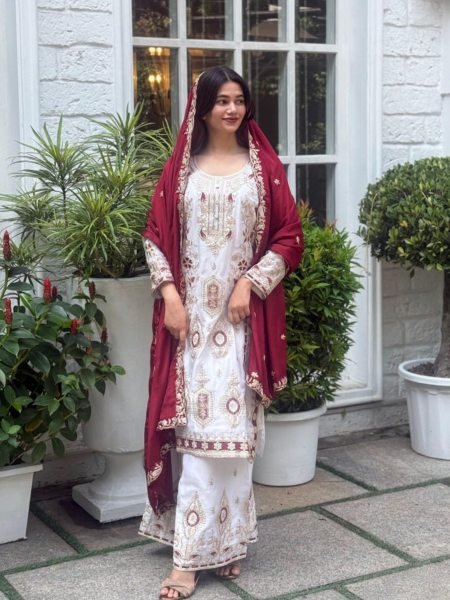 Maroon Regal Sequin Embroidered Chinon Silk Shalwar Suit Set For Wedding Guests at Manufacturer Rate Ready To Wear Suit