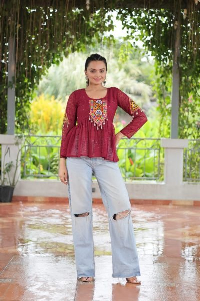 Maroon Schiffli Georgette Peplum Top with Full Sleeves Traditional Kutchi Design Navratri Collection