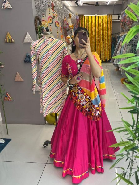 Matching Mirror Work Couple Outfit Multi Color Lehenga &  Coordinated Kurta Combo 