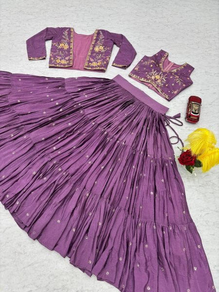 Lavender Chinon 3 Piece Lehenga Set with Designer Jacket and 9-Meter Flair  Designer Lehenga Choli