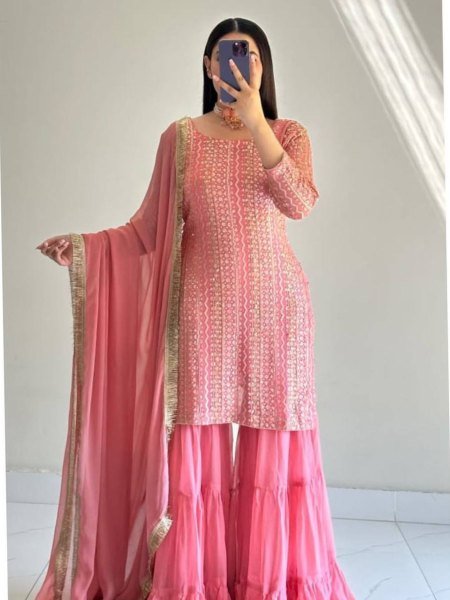 Mauve-Pink Fox Georgette Suit with Flared Palazzo and Dupatta for Party Wear Ready To Wear Suit