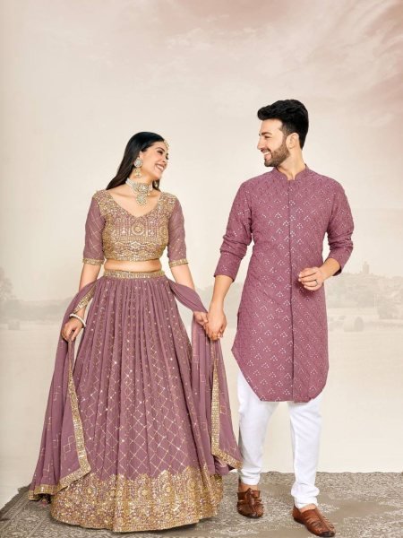 Mauve Soft Georgette Embroidered Wedding Wear Couple Wear Set Couple Combo collection 