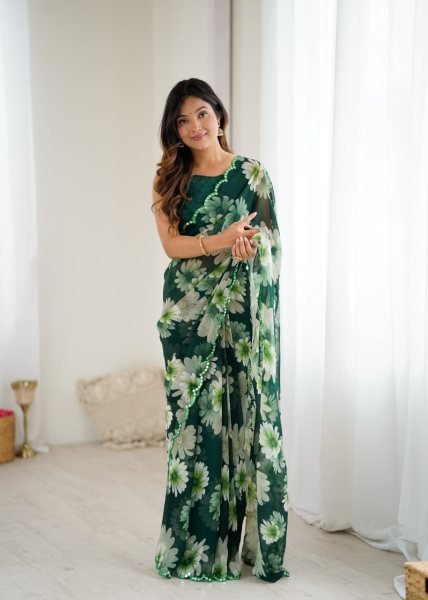 Meadow Bloom Green Georgette Saree with Mirror Border Best for Festive Day Wear at Reseller Price Printed Cotton Sarees Wholesale