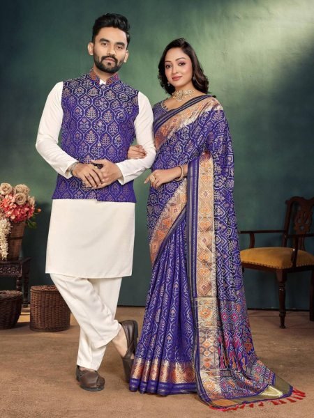 Men and Women Couple Combo of Saree Kurta and Jacket in Blue Weaving Work