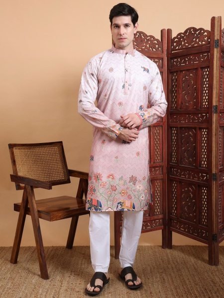 Men’s Cotton Kurta with Crochet & Ethnic Digital Print Festive Style