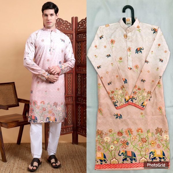 Men’s Cotton Kurta with Crochet & Ethnic Digital Print Festive Style Kurta Pajama Wholesale